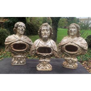 Italy XVIIth Cty, Suite Of 3 Large Baroque Wooden Carved And Silvered Reliquaries Busts