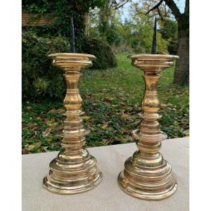 Haute Epoque, 16th Cty Pair Of Turned Bronze & Wrought Iron Candlesticks