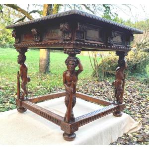Italy 17th Walnut Carved Middle Table, Anthropomorphic Feet / Satyrs
