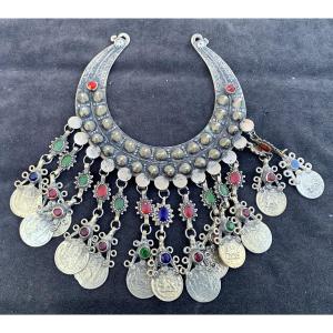 Silver-plated Kuchi Necklace & Glass/polished Stones Cabochons , Pakistan Or Afghanistan