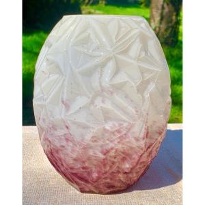 Art Déco A Delatte Nancy Moulded Pressed Glass Vase, Ivory & Purple Bottom