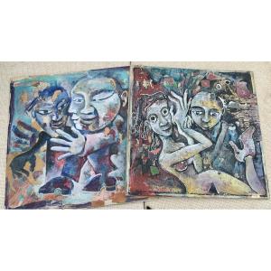 Nicolas Trufaut (1966-), Artist From Hyères Var, Pair Of Drawings, Mounted On Cardboard