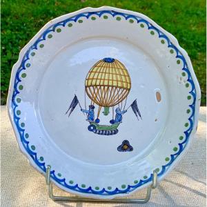 18th Cty Nevers Earthenware Plate, Hot Air Balloon With "fallen Hat"