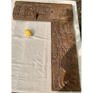 Folk Or Colonial Art Set Of 2 Wden Carved Panels, Historical Subject, Dated 1659