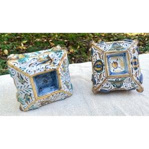 Two Majolica Salt Cellars / Spice Holders Deruta Italy, Circa 1600