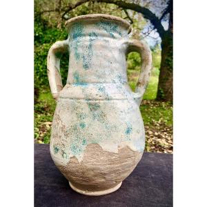 Large 2-handles 12-14th Cty Persian Ceramic Vase, Turquoise Blue To Ecru, Iridescences