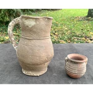 14th Cty, 2 Medieval Potter: Pitcher & A Small Pot With 2 Handles, Paris Area ?