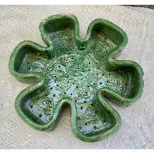 Green Glazed Earthenware Cheese Drainer Fleur-de-lis & Hearts, Ligron Sarthe, 18th Cty