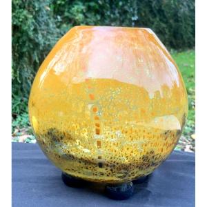 Art Deco Blown Glass Ball Vase Diamond Point Signed Muller Bros Luneville