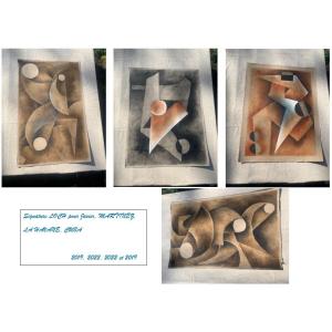 4 Large Post Cubist Rubbed Pastel Drawings, Signed Loch Cuba For Javier Martinez