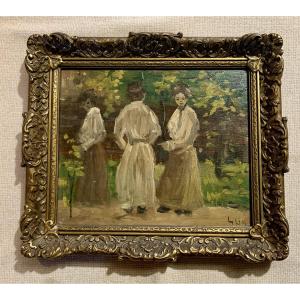 Japanese Women In A Park, Attr To Job Heinrich Frese (1914-1986), Painting On Wden Panel