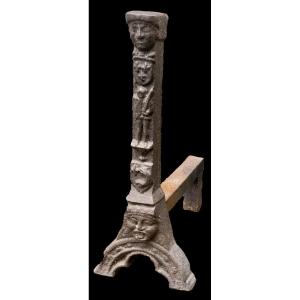 16th Cty Gothic Period Single Cast-iron Andiron With Coat Of Arms, Grotesques,...