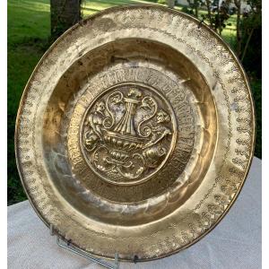 Nuremberg 16th Cty, Brass Alms Dish Depicting Urn With Handles, Triton & Mermaid