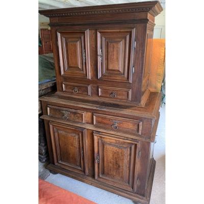 XVIIth Cty Blond Walnut Carved Cabinet, 2 Parts With 4 Doors And 4 Drawers