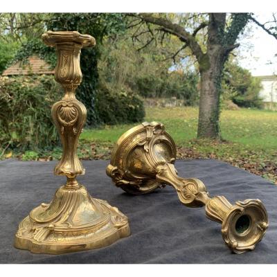 Pair Of Louis XV Gilt Bronze Chiseled Candlesticks