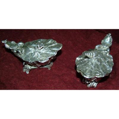 Pair Louis XV Solid Silver Salt By Master Goldsmith Morand  In Paris