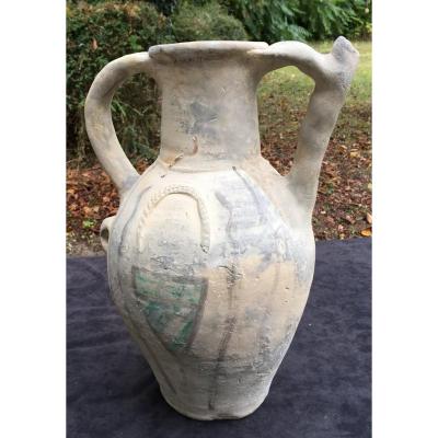 XII-xiiith Large Medieval Terracotta Pitcher Ptd Crest