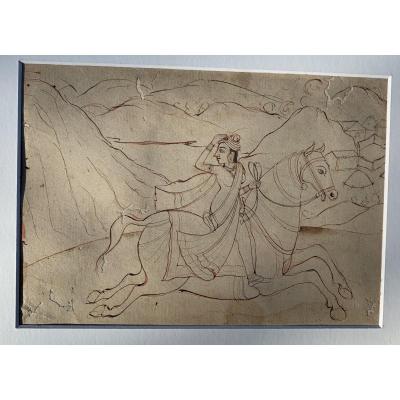 Indian Drawing Circa 1840/1860, Horsewoman