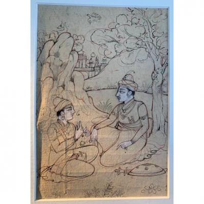 XIXth Indian Drawing With 2 Characters, Monkeys Playing On Tree
