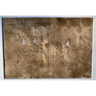 XIXth Indian Drawing & Wash, Court Scenes