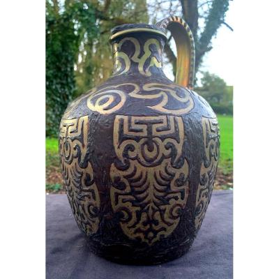 Unique Artwork Ceramic Ewer From Marius Fourmont, Dated 1907