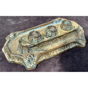 Large Art Nouveau Flamed Sandstone Office Inkwell Attributed To Gentil & Bourdet, Circa 1900