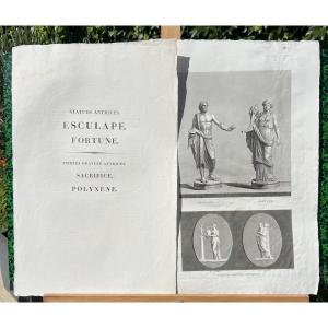 Engraving On Vellum, Aesculapius, Fortune, Sacrifice And Polyxena, Ancient Statues