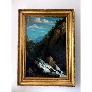 Mountain Waterfall, Vichy, 1864, E. Poulain De Corbion, Oil On Canvas Signed And Dated.
