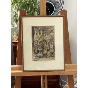 Butchery Scene, Charcoal Drawing, Dated And Signed, 1951