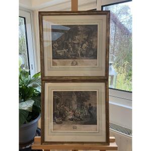 Pair Of 18th Century Prints In Sepia Wash After Teniers & Dietrich
