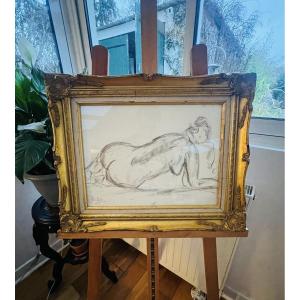 Reclining Female Nude – Charcoal And Chalk, Dated 1990, Signed Alidic