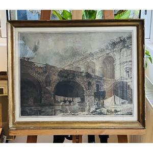 View Of Animated Ancient Ruins, Genre Scene Near A Roman Bridge, Hubert Robert