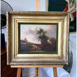 Lively English Pastoral Landscape At The Ford, Constable Circle, Circa 1830