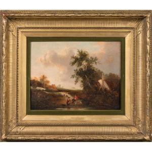 Lively English Pastoral Landscape At The Ford, Constable Circle, Circa 1830