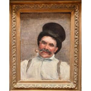 Guillaume Alaux (1856-1912) - Portrait Of A Man With A Pipe, Oil On Panel