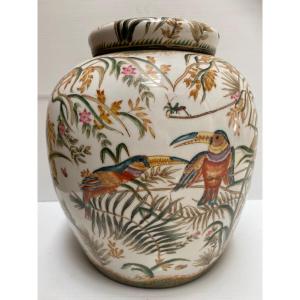 Enameled Porcelain Covered Pot Painted With A Brush 1930
