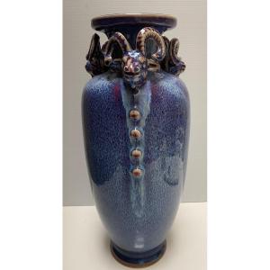 Japanese Stoneware Vase With Ibex Heads