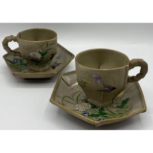 Pair Of Japanese Enameled Terracotta Cups Circa 1900