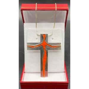 Cross In Sterling Silver And Enamel Signed Maul Circa 1950