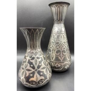 Two Iranian Vases In Silver Dinanderie On Steel Around 1900