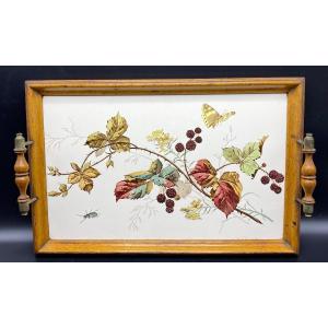 Enameled Earthenware And Carved Beech Tray Around Gien 1900