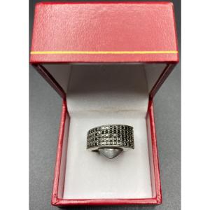 Sterling Silver Ring And Cut Onyx Paving From The 1980s Société P.
