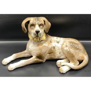 Large Dog In Painted Enameled Porcelain, From Germany Saxony Around 1900