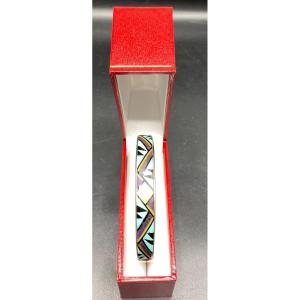 3/4 Bangle Bracelet In Sterling Silver Mother-of-pearl And Enamel Usa Circa 1970/80