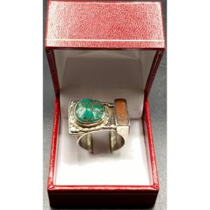 Large Ring In Sterling Silver Jasper And Foreign Coral Circa 1930