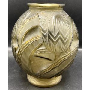 Sandblasted Molded Pressed Glass Vase By d'Avesn Circa 1930