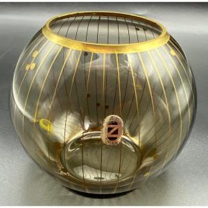 Petit  Vase Boule En Cristal Soufflé Doré Art Déco Bohème 