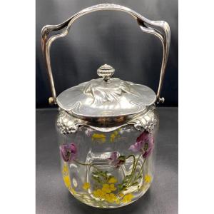 Biscuit Bucket In Legras Enameled Blown Crystal And Gallia Metal Frame Christofle 1920