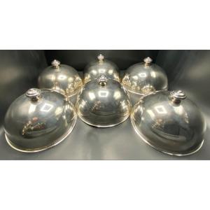 A Suite Of 6 Silver Metal Bells For Plates Or Dishes By Félix From The 1940s/50s