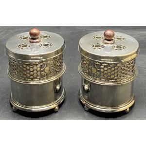 Pair Of Locust Pots Or Two Perfume Burners, Silver Metal, 1940 Shanghai Tang